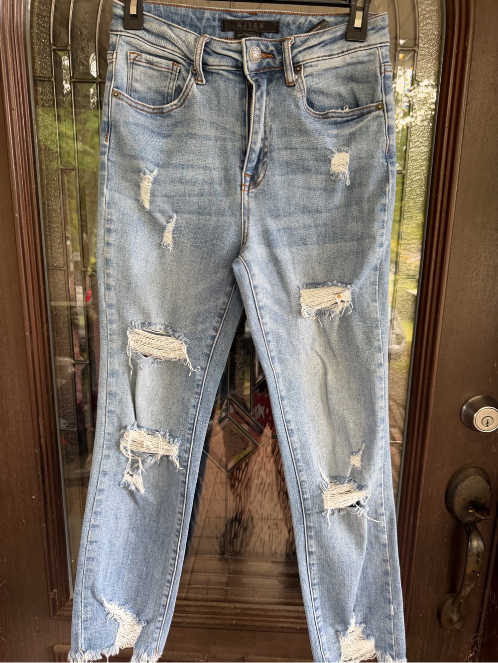 Risen Women's Light Blue Distressed Straight-Leg Jeans
